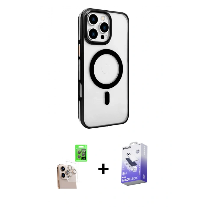 MARSİLYAN™- iPhone 16 Pro Max Kılıf Doruk Doku Özel Seri - Siyah Bilvis 5in1 5D Magic Hayalet Cam Ekran Koruyucu + Raze Metal Kamera Lens - NLGY