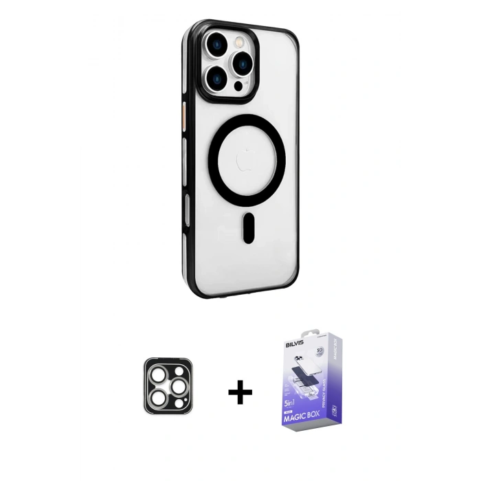 MARSİLYAN™- iPhone 16 Pro Max Kılıf Doruk Doku Özel Seri - Siyah Bilvis 5in1 5D Magic Hayalet Cam Ekran Koruyucu + PVD Metal Kamera Lens - GS