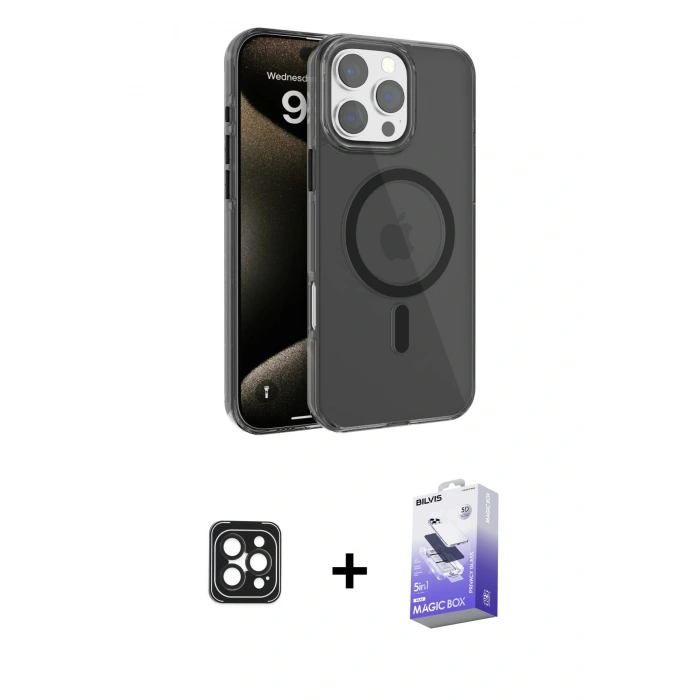 MARSİLYAN™- iPhone 16 Pro Max Kılıf Doruk Doku Özel Seri - Siyah Bilvis 5in1 5D Magic Hayalet Cam Ekran Koruyucu + Siyah PVD Metal Kamera Lens