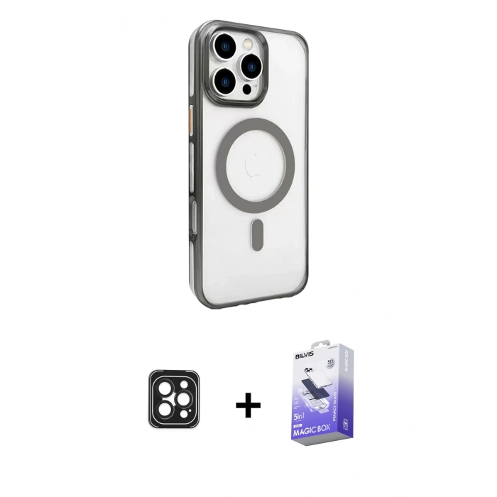 MARSİLYAN™- iPhone 16 Pro Max Kılıf Doruk Doku Özel Seri - Siyah Bilvis 5in1 5D Magic Hayalet Cam Ekran Koruyucu + Siyah PVD Metal Kamera Lens
