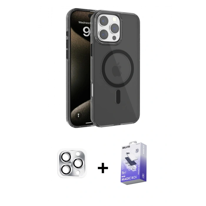 MARSİLYAN™- iPhone 16 Pro Max Kılıf Doruk Doku Özel Seri - Siyah Bilvis 5in1 5D Magic Hayalet Cam Ekran Koruyucu + Pers Alüminyum Kamera Lens - GS