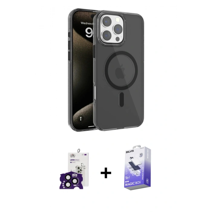 MARSİLYAN™- iPhone 16 Pro Max Kılıf Doruk Doku Özel Seri - Siyah Bilvis 5in1 5D Magic Hayalet Cam Ekran Koruyucu + Bilvis Titan Kamera Lens - SH
