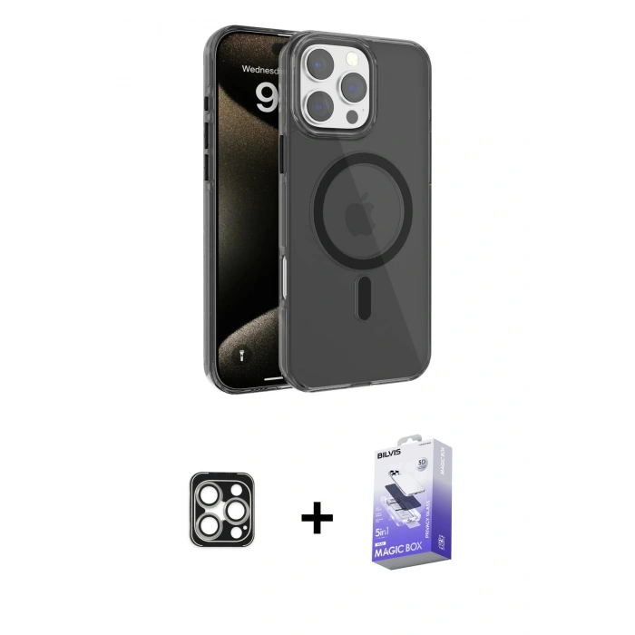 MARSİLYAN™- iPhone 16 Pro Max Kılıf Doruk Doku Özel Seri - Siyah Bilvis 5in1 5D Magic Hayalet Cam Ekran Koruyucu + PVD Metal Kamera Lens - GS