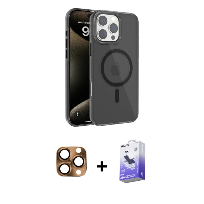 MARSİLYAN™- iPhone 16 Pro Max Kılıf Doruk Doku Özel Seri - Siyah Bilvis 5in1 5D Magic Hayalet Cam Ekran Koruyucu + Pers Alüminyum Kamera Lens - CLTM
