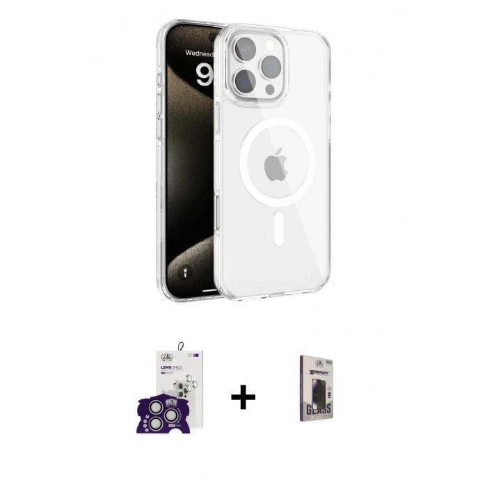 MARSİLYAN™- iPhone 16 Pro Max Kılıf Doruk Doku Özel Seri - Siyah Bilvis Hayalet Cam Ekran Koruyucu + Bilvis Titan Kamera Lens - GS