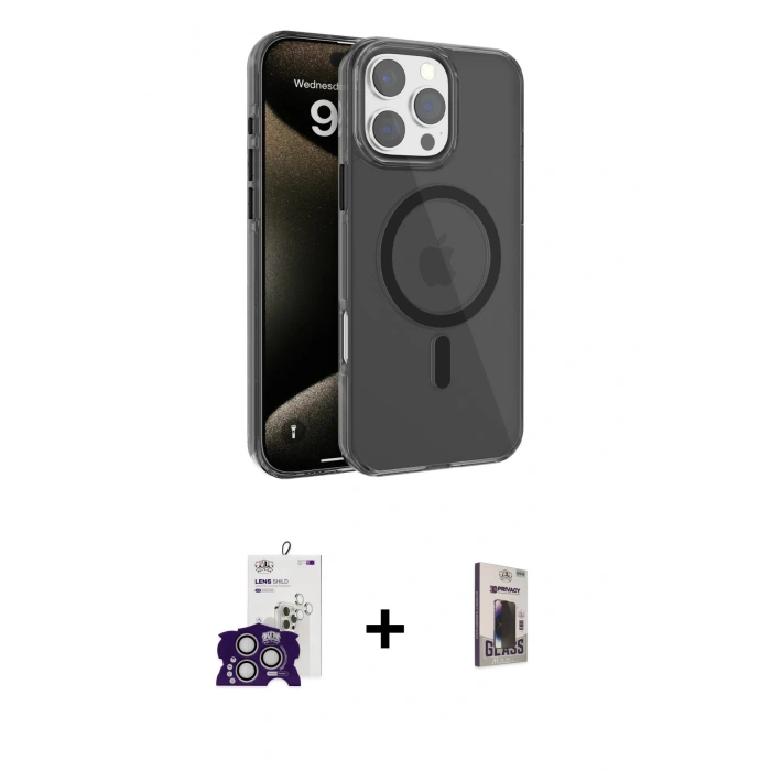 MARSİLYAN™- iPhone 16 Pro Max Kılıf Doruk Doku Özel Seri - Siyah Bilvis Hayalet Cam Ekran Koruyucu + Bilvis Titan Kamera Lens - GS