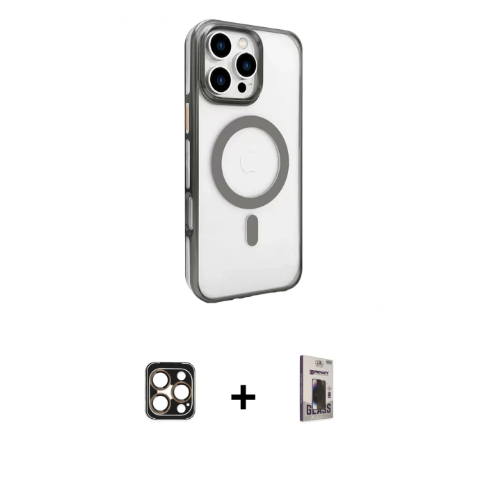 MARSİLYAN™- iPhone 16 Pro Max Kılıf Doruk Doku Özel Seri - Siyah Bilvis Hayalet Cam Ekran Koruyucu + PVD Metal Kamera Lens - GD