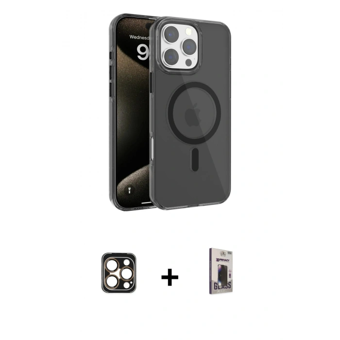 MARSİLYAN™- iPhone 16 Pro Max Kılıf Doruk Doku Özel Seri - Siyah Bilvis Hayalet Cam Ekran Koruyucu + PVD Metal Kamera Lens - GD
