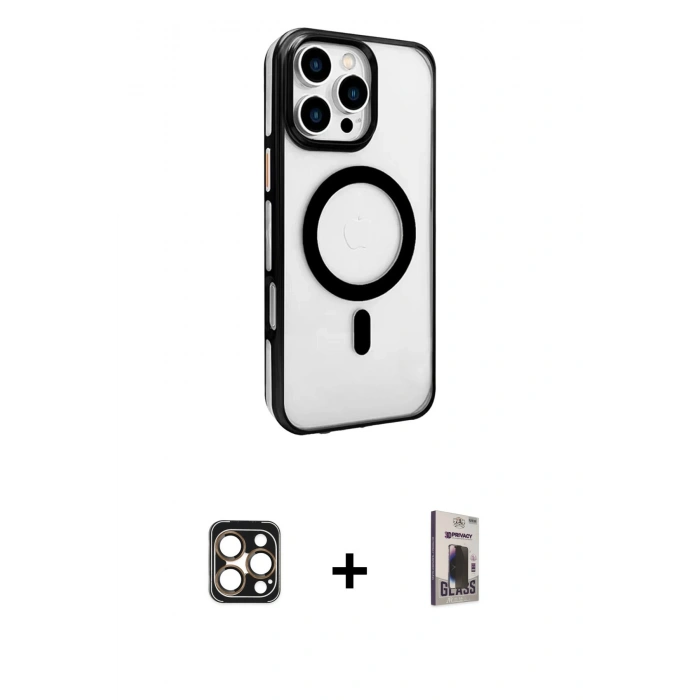 MARSİLYAN™- iPhone 16 Pro Max Kılıf Doruk Doku Özel Seri - Siyah Bilvis Hayalet Cam Ekran Koruyucu + PVD Metal Kamera Lens - GD