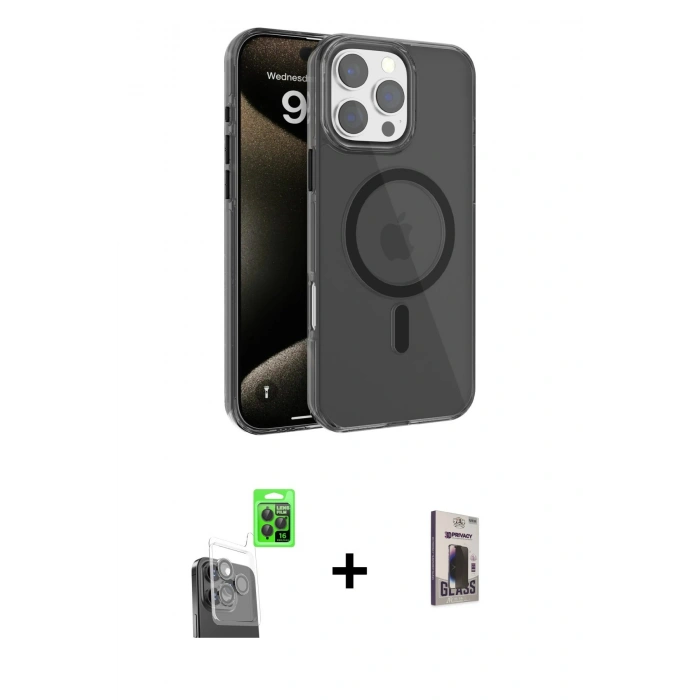 MARSİLYAN™- iPhone 16 Pro Max Kılıf Doruk Doku Özel Seri - Siyah Bilvis Hayalet Cam Ekran Koruyucu + Raze Metal Kamera Lens - SH