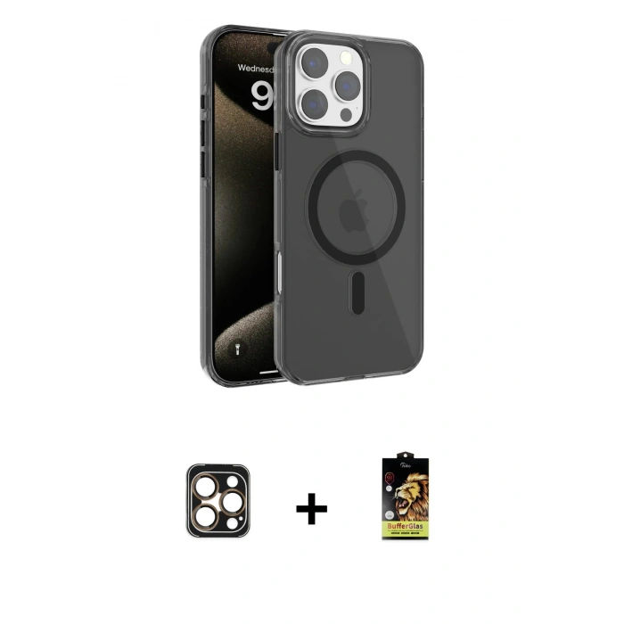 MARSİLYAN™- iPhone 16 Pro Max Kılıf Doruk Doku Özel Seri - Siyah Buffer Cam Ekran Koruyucu + PVD Metal Kamera Lens - GD