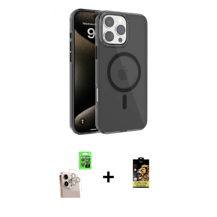 MARSİLYAN™- iPhone 16 Pro Max Kılıf Doruk Doku Özel Seri - Siyah Buffer Cam Ekran Koruyucu + Raze Metal Kamera Lens - NLGY