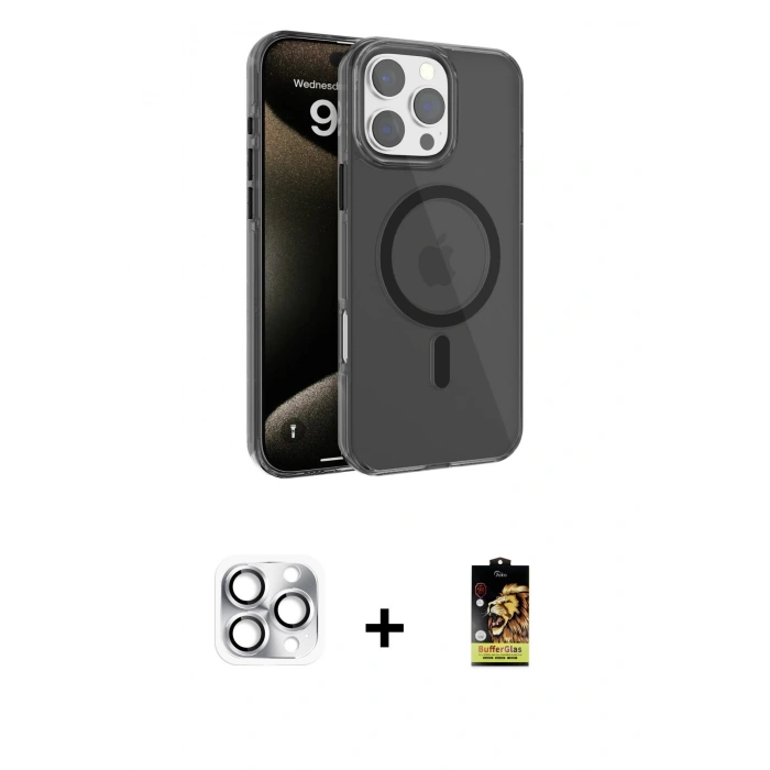 MARSİLYAN™- iPhone 16 Pro Max Kılıf Doruk Doku Özel Seri - Siyah Buffer Cam Ekran Koruyucu + Pers Alüminyum Kamera Lens - GS
