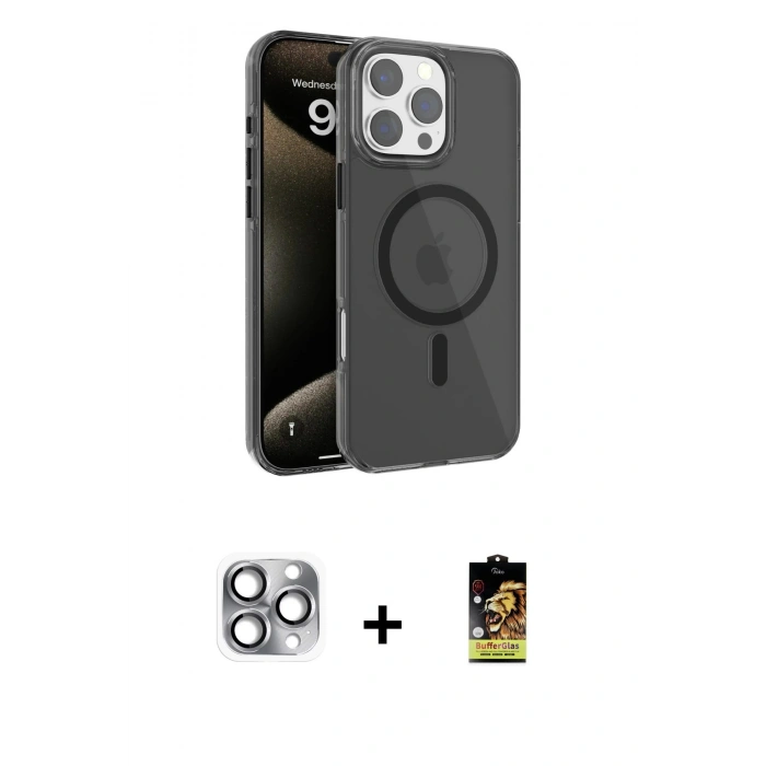 MARSİLYAN™- iPhone 16 Pro Max Kılıf Doruk Doku Özel Seri - Siyah Buffer Cam Ekran Koruyucu + Pers Alüminyum Kamera Lens - GI
