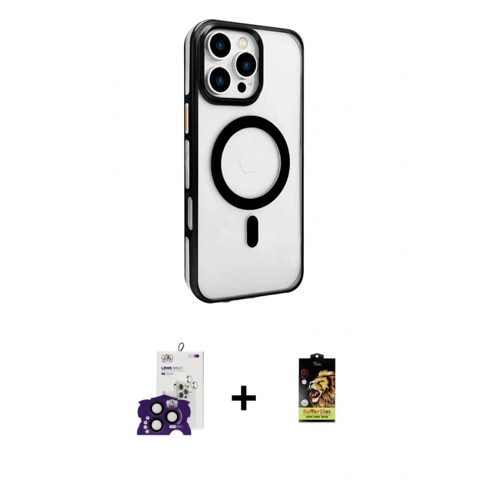 MARSİLYAN™- iPhone 16 Pro Max Kılıf Doruk Doku Özel Seri - Siyah Buffer Cam Ekran Koruyucu + Siyah Bilvis Titan Kamera Lens