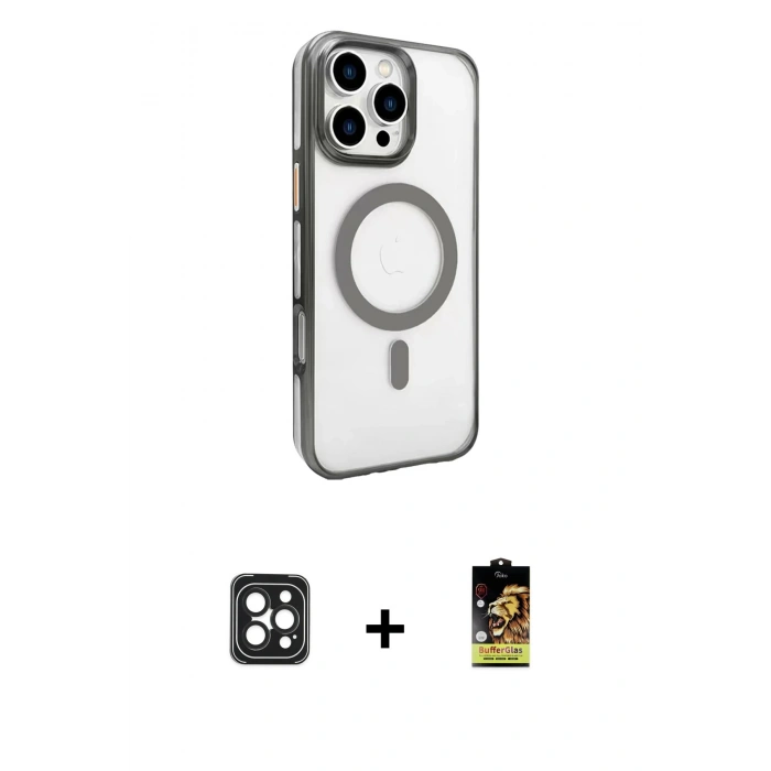 MARSİLYAN™- iPhone 16 Pro Max Kılıf Doruk Doku Özel Seri - Siyah Buffer Cam Ekran Koruyucu + Siyah PVD Metal Kamera Lens