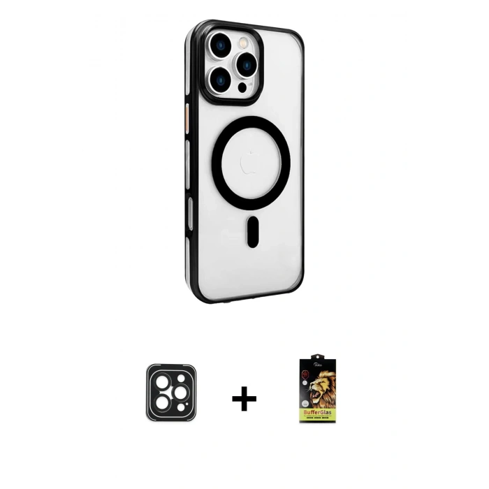 MARSİLYAN™- iPhone 16 Pro Max Kılıf Doruk Doku Özel Seri - Siyah Buffer Cam Ekran Koruyucu + Siyah PVD Metal Kamera Lens
