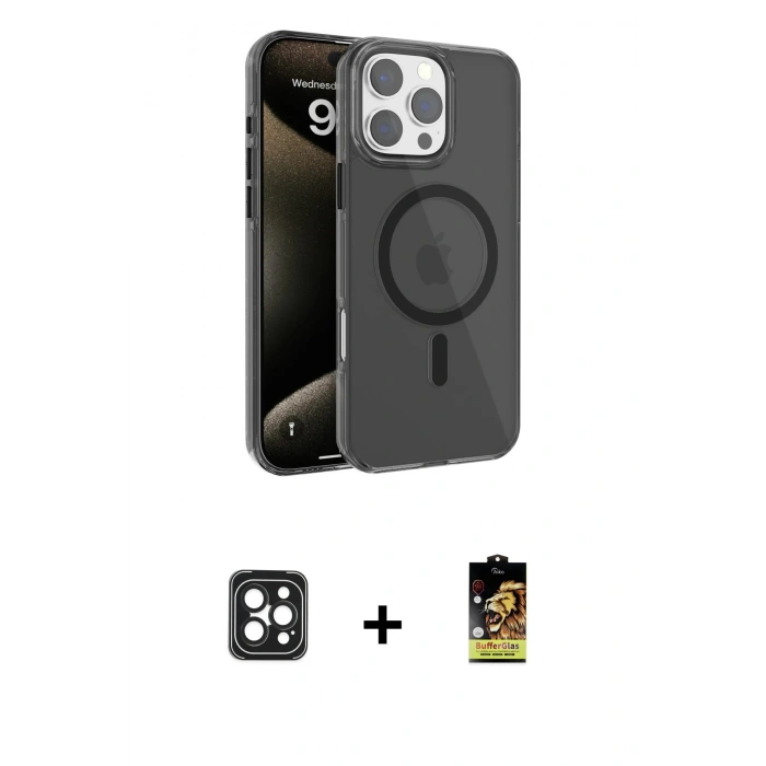 MARSİLYAN™- iPhone 16 Pro Max Kılıf Doruk Doku Özel Seri - Siyah Buffer Cam Ekran Koruyucu + Siyah PVD Metal Kamera Lens