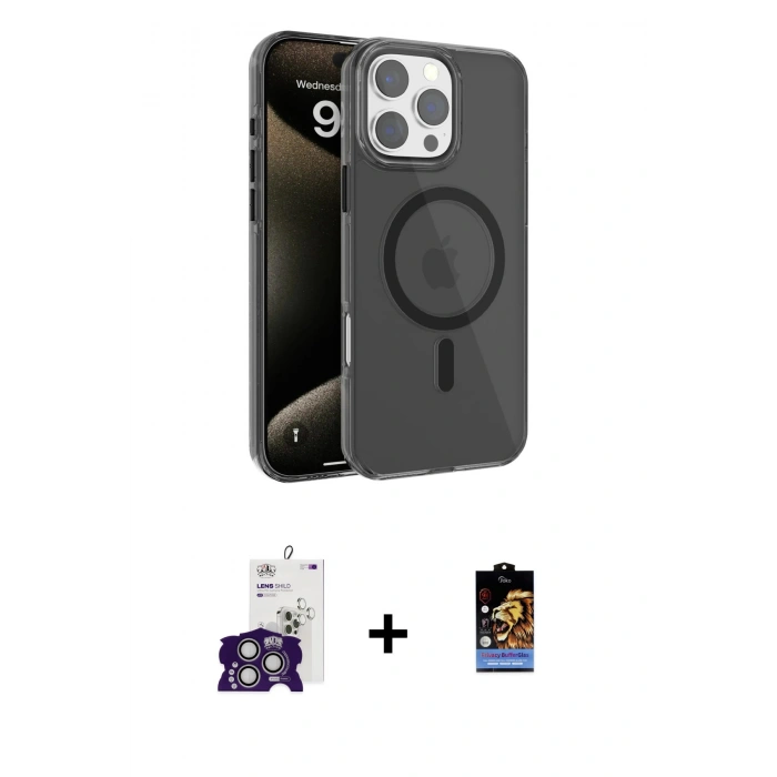 MARSİLYAN™- iPhone 16 Pro Max Kılıf Doruk Doku Özel Seri - Siyah Buffer Hayalet Cam Ekran Koruyucu + Gümüş Bilvis Titan Kamera Lens