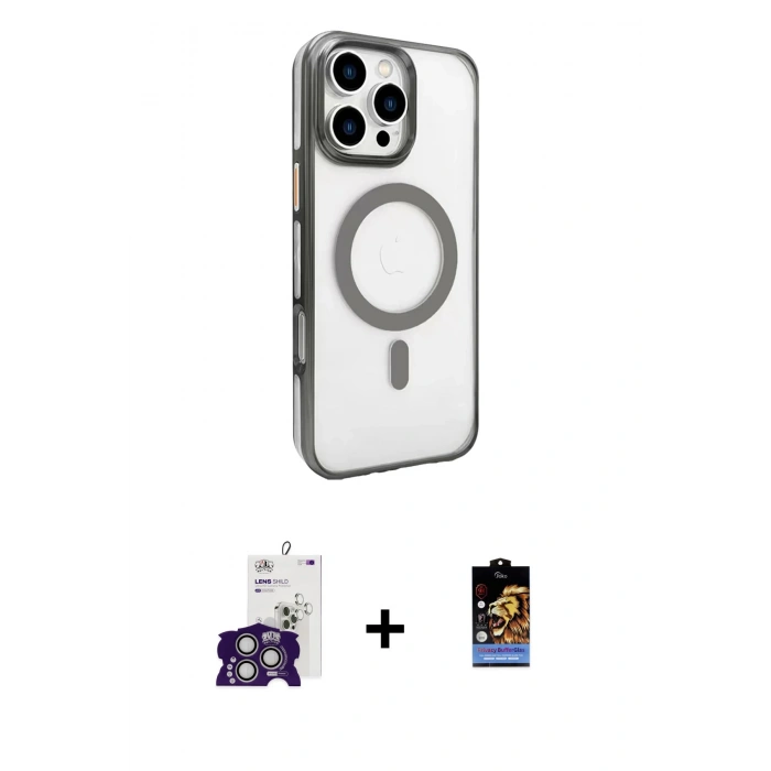 MARSİLYAN™- iPhone 16 Pro Max Kılıf Doruk Doku Özel Seri - Siyah Buffer Hayalet Cam Ekran Koruyucu + Gümüş Bilvis Titan Kamera Lens