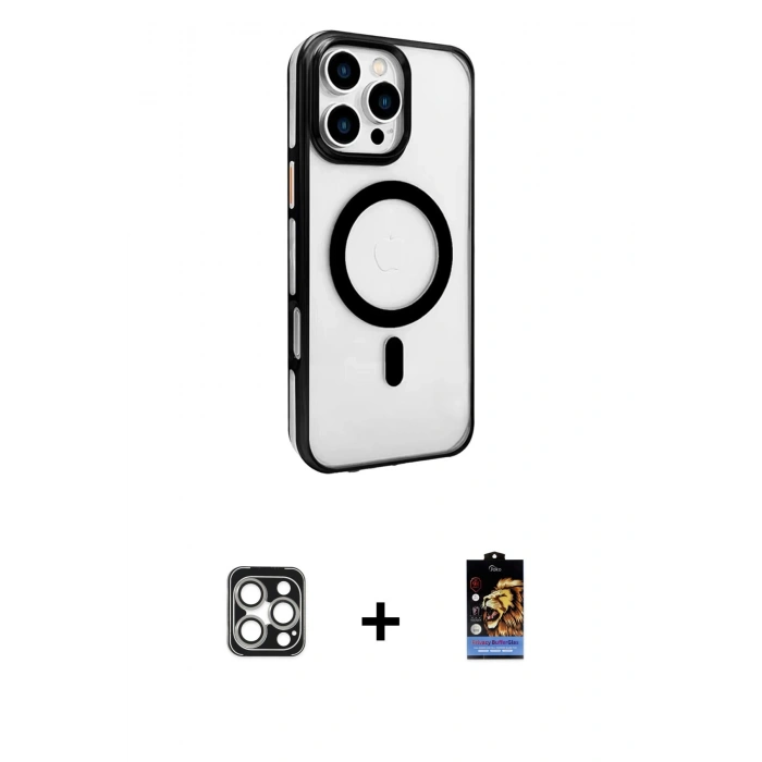 MARSİLYAN™- iPhone 16 Pro Max Kılıf Doruk Doku Özel Seri - Siyah Buffer Hayalet Cam Ekran Koruyucu + PVD Metal Kamera Lens - GS