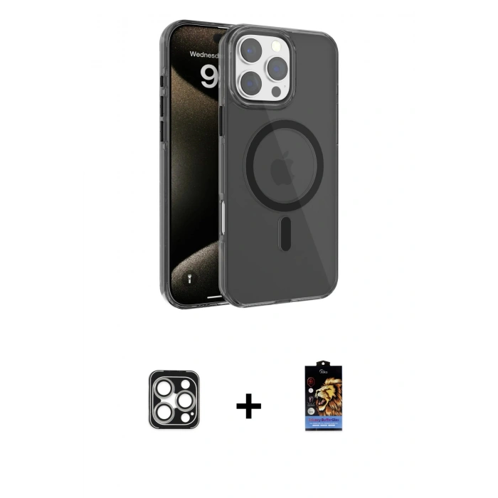 MARSİLYAN™- iPhone 16 Pro Max Kılıf Doruk Doku Özel Seri - Siyah Buffer Hayalet Cam Ekran Koruyucu + PVD Metal Kamera Lens - GS