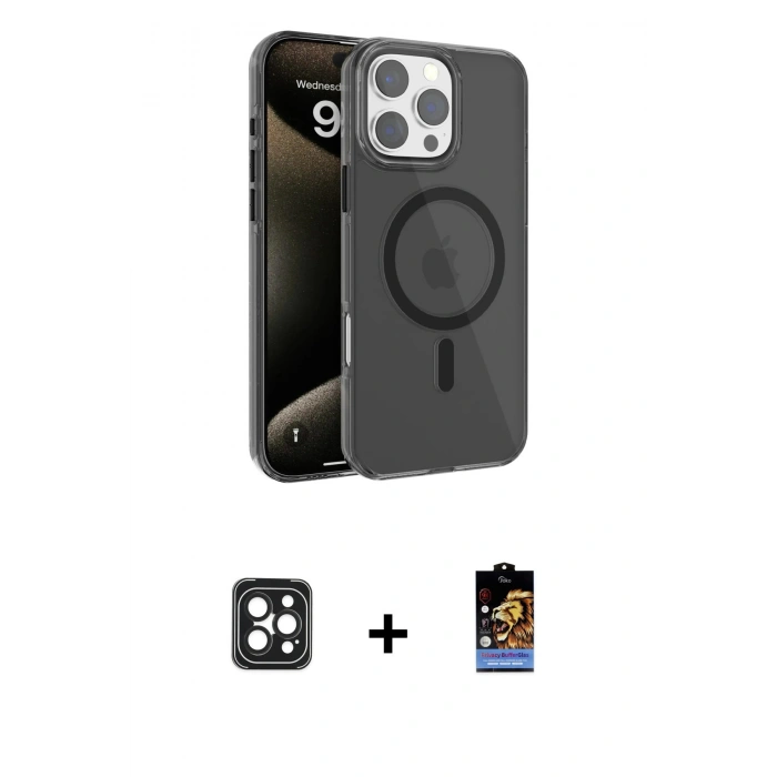 MARSİLYAN™- iPhone 16 Pro Max Kılıf Doruk Doku Özel Seri - Siyah Buffer Hayalet Cam Ekran Koruyucu + Siyah PVD Metal Kamera Lens