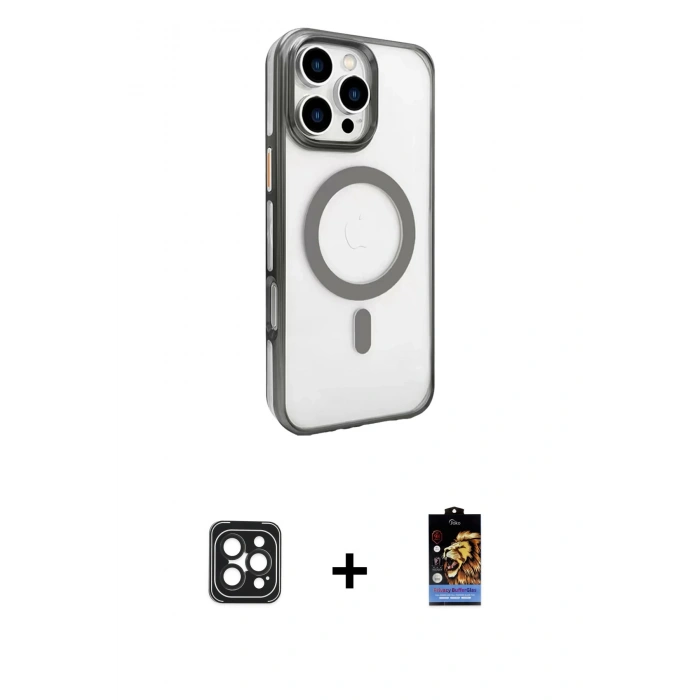 MARSİLYAN™- iPhone 16 Pro Max Kılıf Doruk Doku Özel Seri - Siyah Buffer Hayalet Cam Ekran Koruyucu + Siyah PVD Metal Kamera Lens