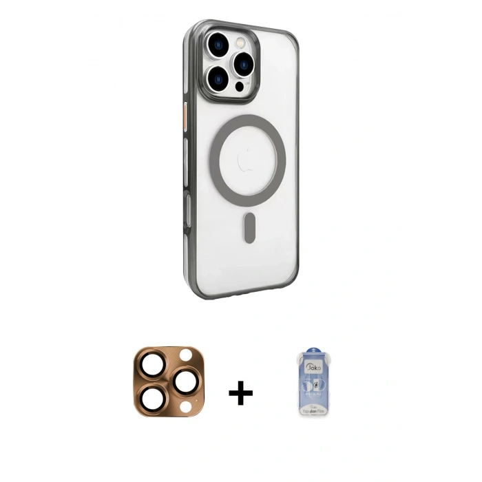 MARSİLYAN™- iPhone 16 Pro Max Kılıf Doruk Doku Özel Seri - Siyah Joko Magic 5D Cam + Çöl Titanyum Pers Alüminyum Kamera Lens