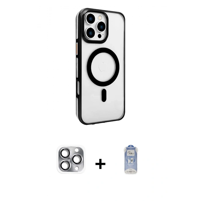 MARSİLYAN™- iPhone 16 Pro Max Kılıf Doruk Doku Özel Seri - Siyah Joko Magic 5D Cam + Pers Alüminyum Kamera Lens - GI