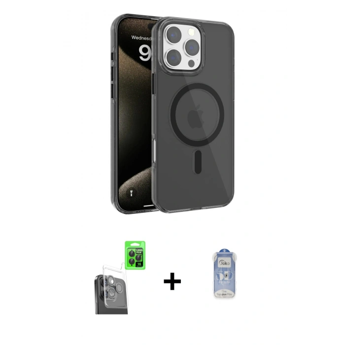 MARSİLYAN™- iPhone 16 Pro Max Kılıf Doruk Doku Özel Seri - Siyah Joko Magic 5D Cam + Raze Metal Kamera Lens - SH