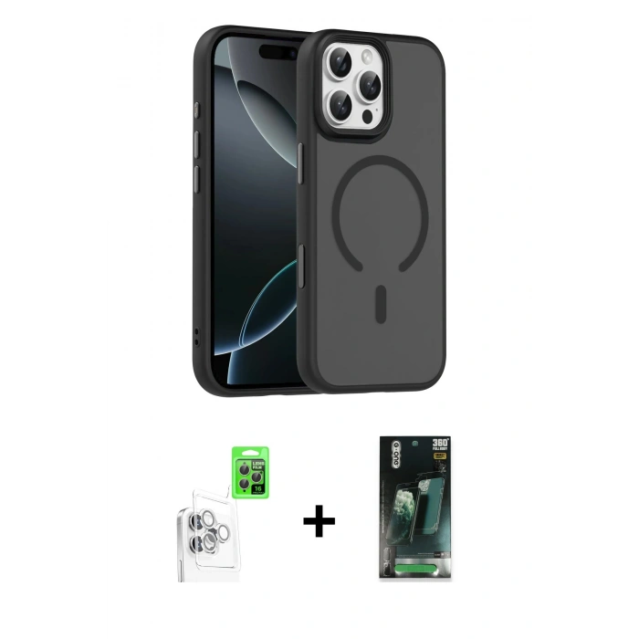MARSİLYAN™- iPhone 16 Pro Max Kılıf Doruk Form Serisi - Siyah 360 Mat Full Body Arka Koruyucu + Raze Metal Kamera Lens - BZ