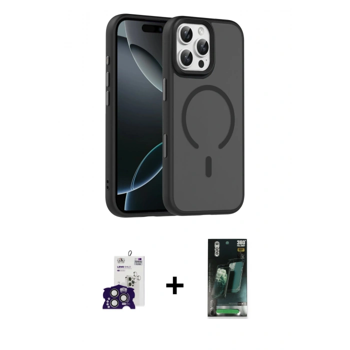 MARSİLYAN™- iPhone 16 Pro Max Kılıf Doruk Form Serisi - Siyah 360 Mat Full Body Arka Koruyucu + Bilvis Titan Kamera Lens - TMGI