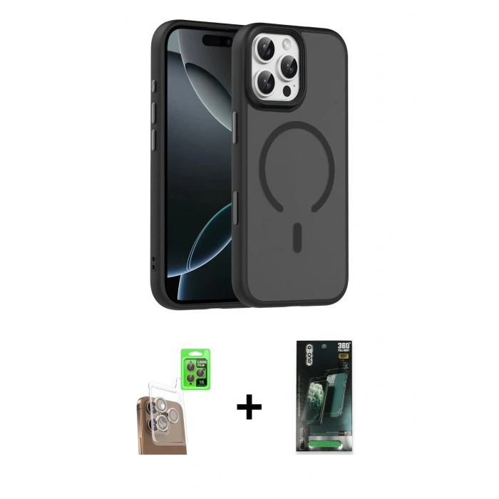 MARSİLYAN™- iPhone 16 Pro Max Kılıf Doruk Form Serisi - Siyah 360 Mat Full Body Arka Koruyucu + Raze Metal Kamera Lens - CLTM