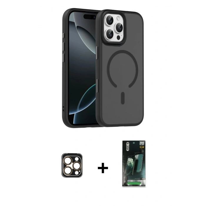 MARSİLYAN™- iPhone 16 Pro Max Kılıf Doruk Form Serisi - Siyah 360 Mat Full Body Arka Koruyucu + PVD Metal Kamera Lens - GD