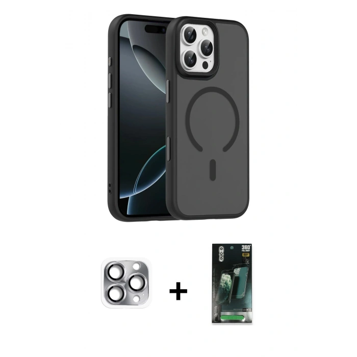 MARSİLYAN™- iPhone 16 Pro Max Kılıf Doruk Form Serisi - Siyah 360 Mat Full Body Arka Koruyucu + Pers Alüminyum Kamera Lens - GI