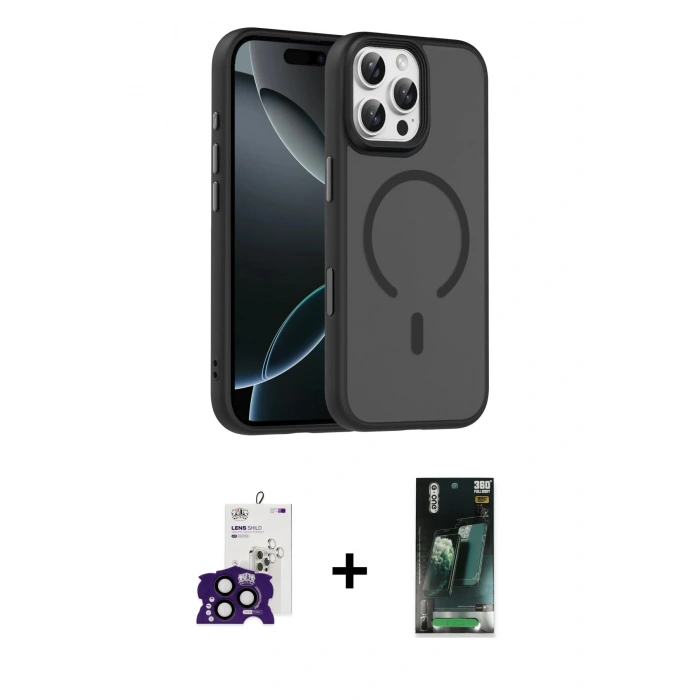 MARSİLYAN™- iPhone 16 Pro Max Kılıf Doruk Form Serisi - Siyah 360 Mat Full Body Arka Koruyucu + Bilvis Titan Kamera Lens - SH