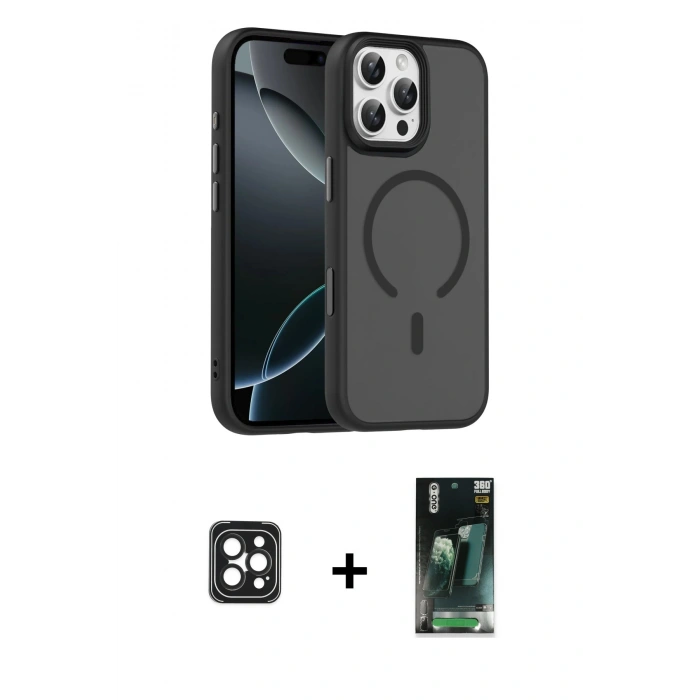 MARSİLYAN™- iPhone 16 Pro Max Kılıf Doruk Form Serisi - Siyah 360 Mat Full Body Arka Koruyucu + PVD Metal Kamera Lens - SH