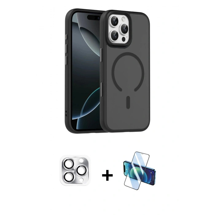 MARSİLYAN™- iPhone 16 Pro Max Kılıf Doruk Form Serisi - Siyah 3D Antistatik Cam Ekran Koruyucu + Pers Alüminyum Kamera Lens - GS