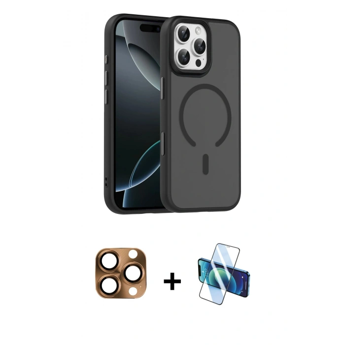 MARSİLYAN™- iPhone 16 Pro Max Kılıf Doruk Form Serisi - Siyah 3D Antistatik Cam Ekran Koruyucu + Pers Alüminyum Kamera Lens - CLTM