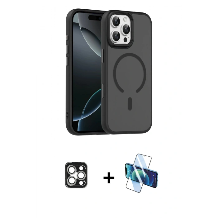 MARSİLYAN™- iPhone 16 Pro Max Kılıf Doruk Form Serisi - Siyah 3D Antistatik Cam Ekran Koruyucu + PVD Metal Kamera Lens - GS
