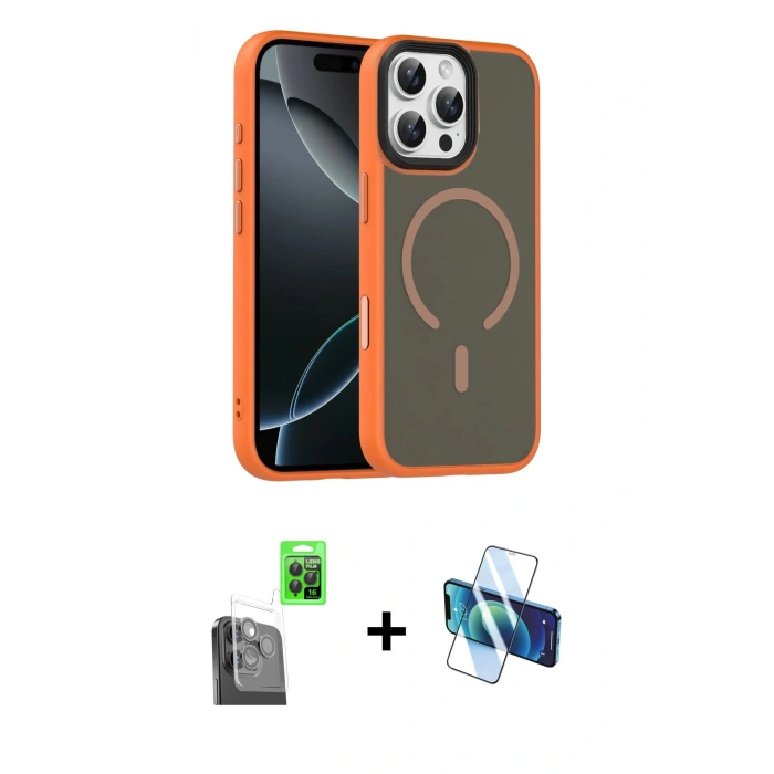 MARSİLYAN™- iPhone 16 Pro Max Kılıf Doruk Form Serisi - Siyah 3D Antistatik Cam Ekran Koruyucu + Raze Metal Kamera Lens - SH