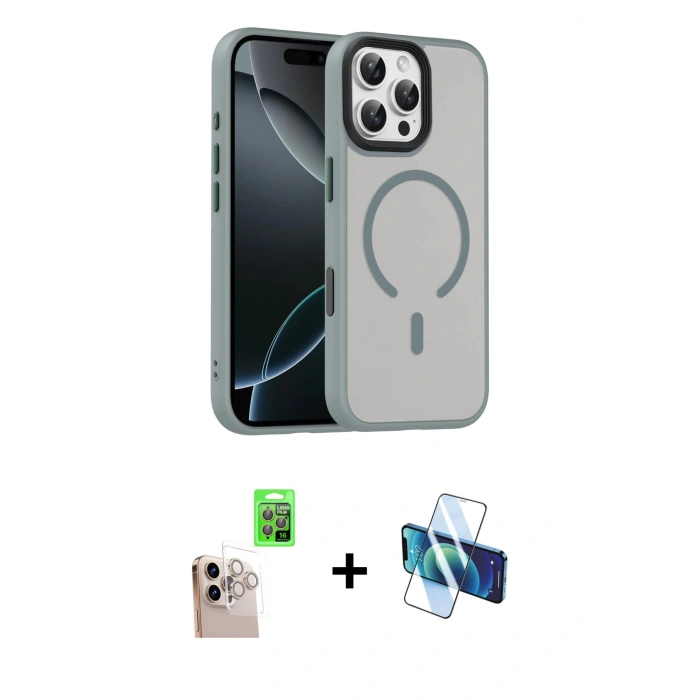 MARSİLYAN™- iPhone 16 Pro Max Kılıf Doruk Form Serisi - Siyah 3D Antistatik Cam Ekran Koruyucu + Raze Metal Kamera Lens - NLGY