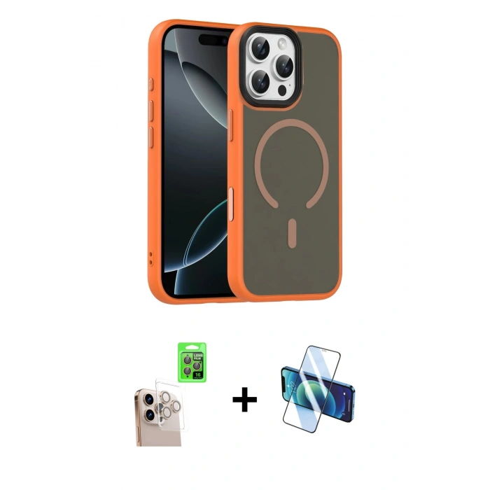 MARSİLYAN™- iPhone 16 Pro Max Kılıf Doruk Form Serisi - Siyah 3D Antistatik Cam Ekran Koruyucu + Raze Metal Kamera Lens - NLGY