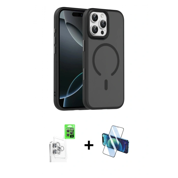 MARSİLYAN™- iPhone 16 Pro Max Kılıf Doruk Form Serisi - Siyah 3D Antistatik Cam Ekran Koruyucu + Raze Metal Kamera Lens - BZ