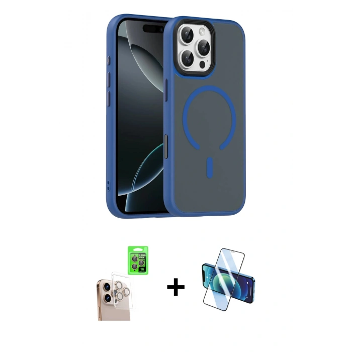 MARSİLYAN™- iPhone 16 Pro Max Kılıf Doruk Form Serisi - Siyah 3D Antistatik Cam Ekran Koruyucu + Raze Metal Kamera Lens - NLGY