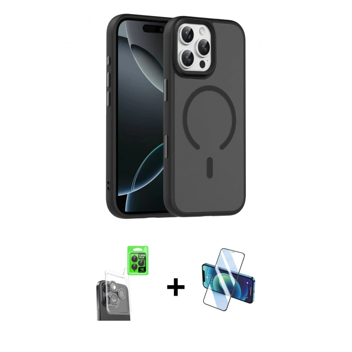 MARSİLYAN™- iPhone 16 Pro Max Kılıf Doruk Form Serisi - Siyah 3D Antistatik Cam Ekran Koruyucu + Raze Metal Kamera Lens - SH