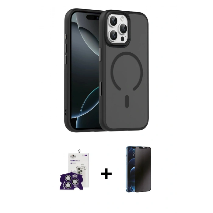 MARSİLYAN™- iPhone 16 Pro Max Kılıf Doruk Form Serisi - Siyah 3D Antistatik Hayalet Cam Ekran Koruyucu + Bilvis Titan Kamera Lens - GS
