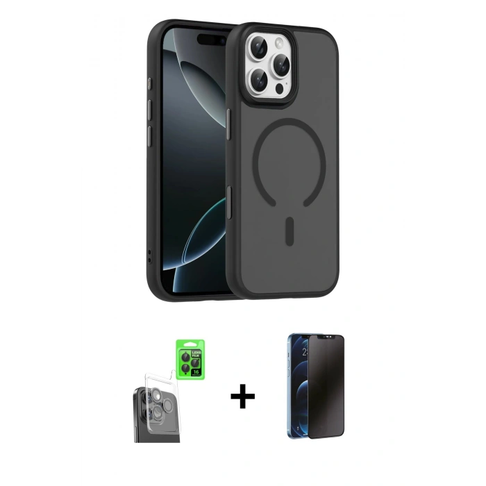 MARSİLYAN™- iPhone 16 Pro Max Kılıf Doruk Form Serisi - Siyah 3D Antistatik Hayalet Cam Ekran Koruyucu + Raze Metal Kamera Lens - SH