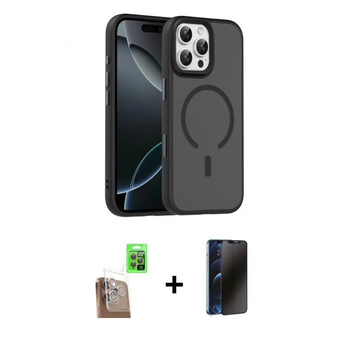 MARSİLYAN™- iPhone 16 Pro Max Kılıf Doruk Form Serisi - Siyah 3D Antistatik Hayalet Cam Ekran Koruyucu + Raze Metal Kamera Lens - CLTM